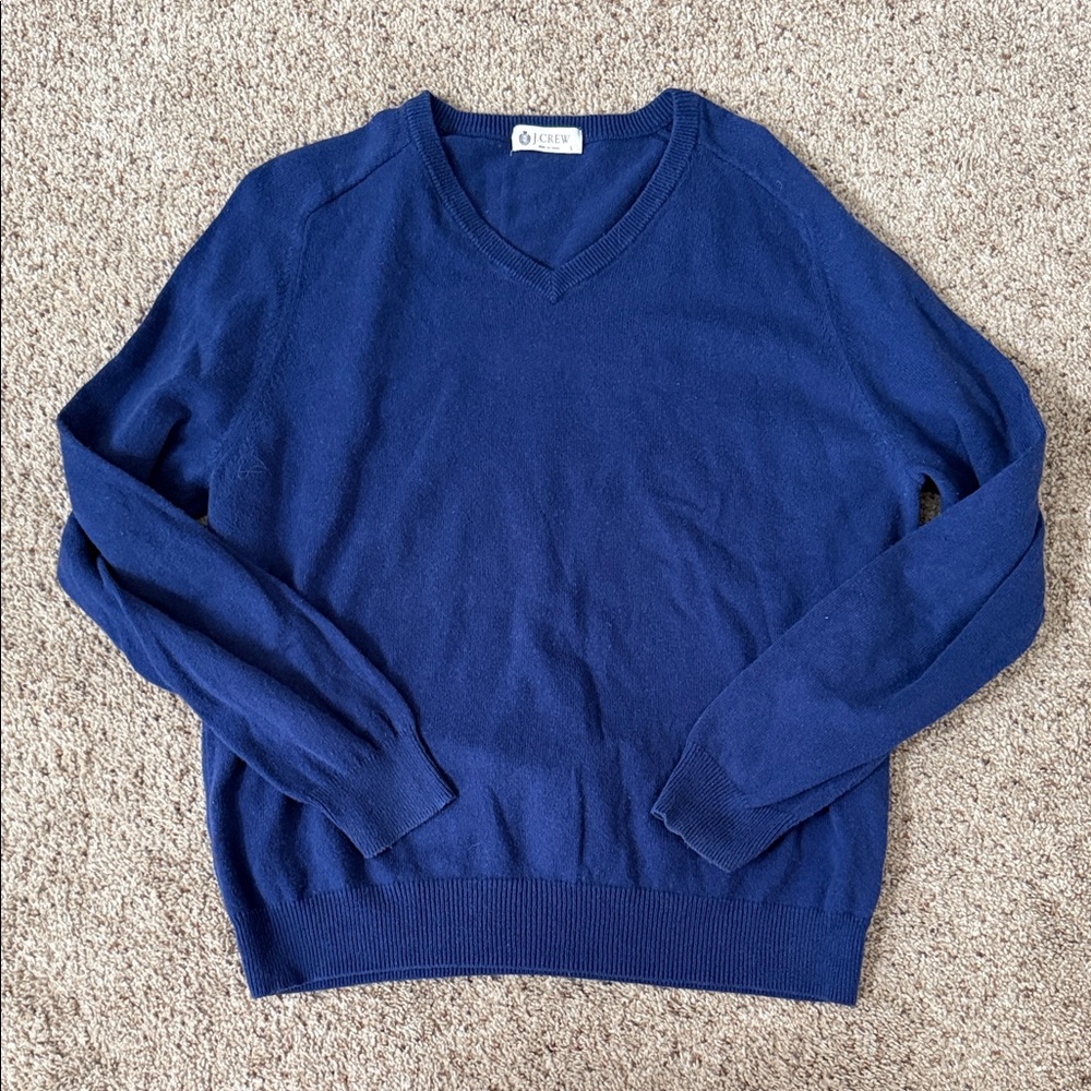 J. Crew Classic Blue Cotton Cashmere V Neck Sweater Size Large